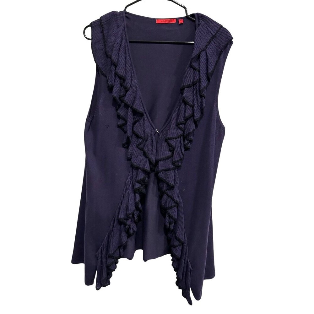 Coletane Womens Sleeveless Purple Ruffled Knit Sweater Black Trim Sz XL